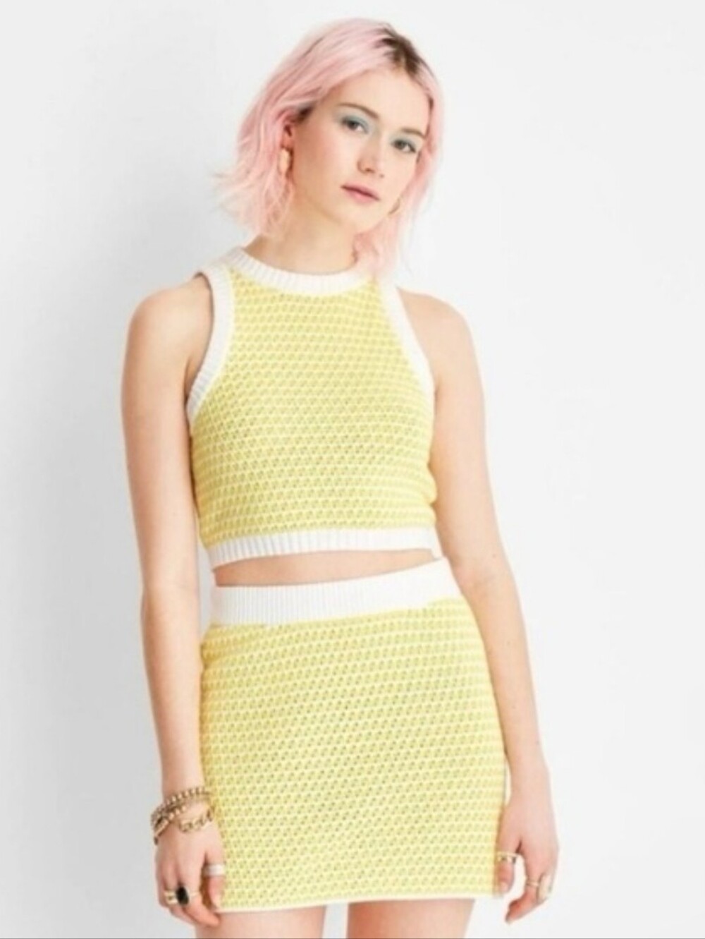 Future Collective Alani Noelle Crochet Yellow And White‎ Tank Top Size 1X
